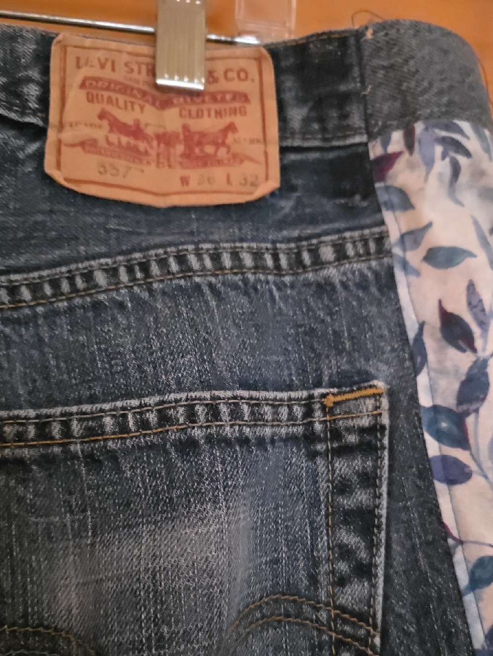 HAND CRAFTED Wrap Jeans UPCYCLED Blue Denim Tie Front Floral Flowers Size XL - Picture 11 of 16
